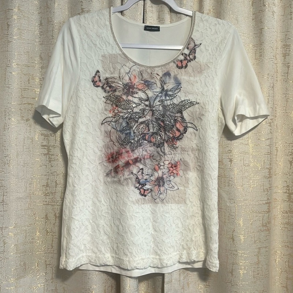 Gerry Weber Lace Front Top Women 10 Cream Rhinestone Butterfly Floral Feminine